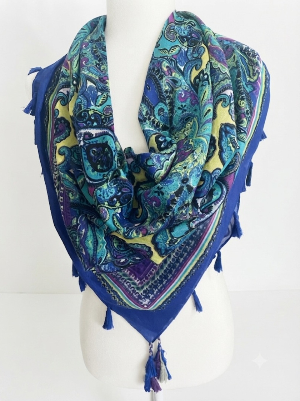 Blue Purple Yellow Paisley Square Scarf with Tassels 44" Abstract Whimsical